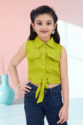 Girls Green Sleeveless Utility Top with Front Tie and Cargo Pockets