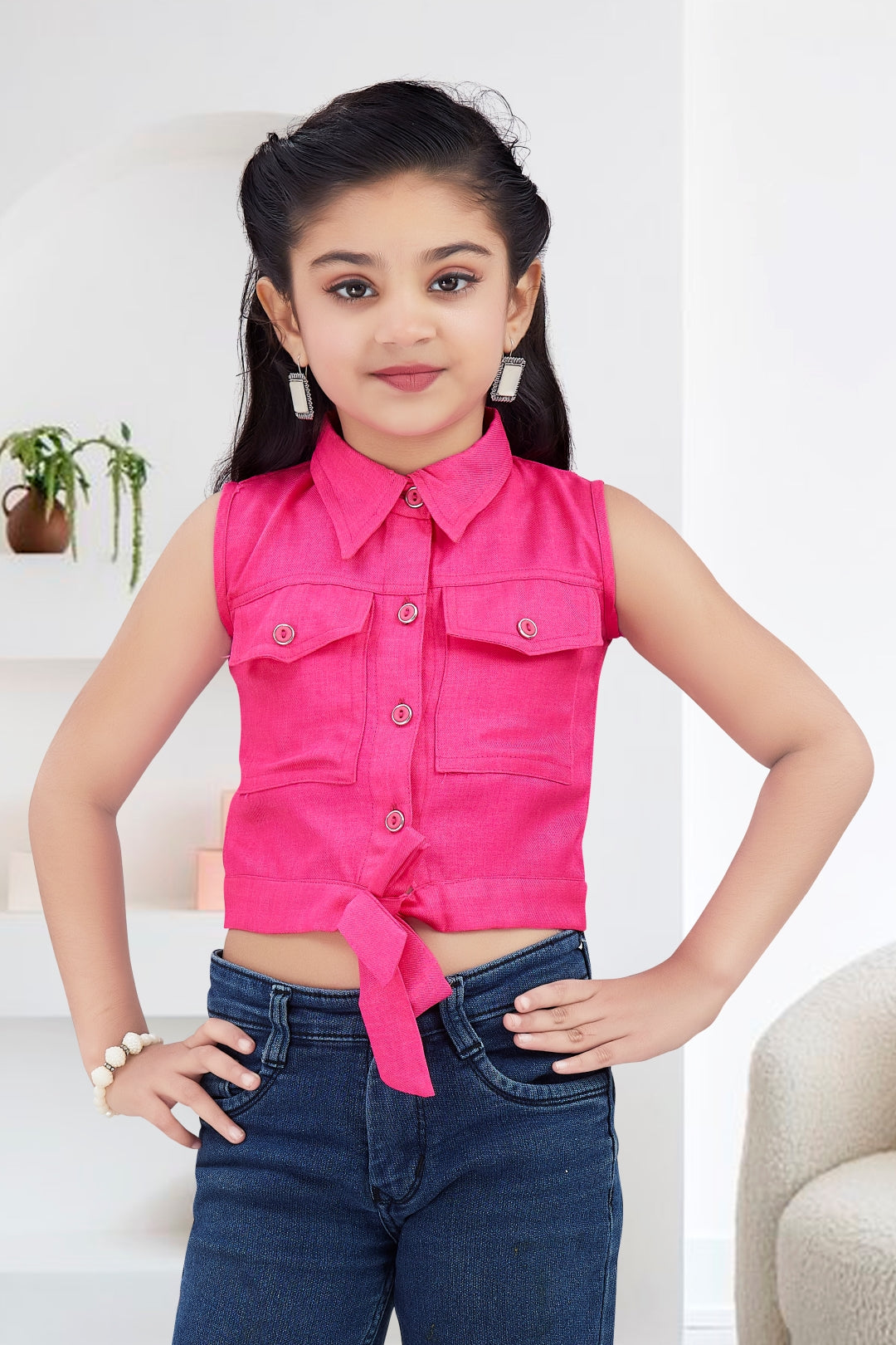 Girls Pink Sleeveless Utility Top with Front Tie and Cargo Pockets