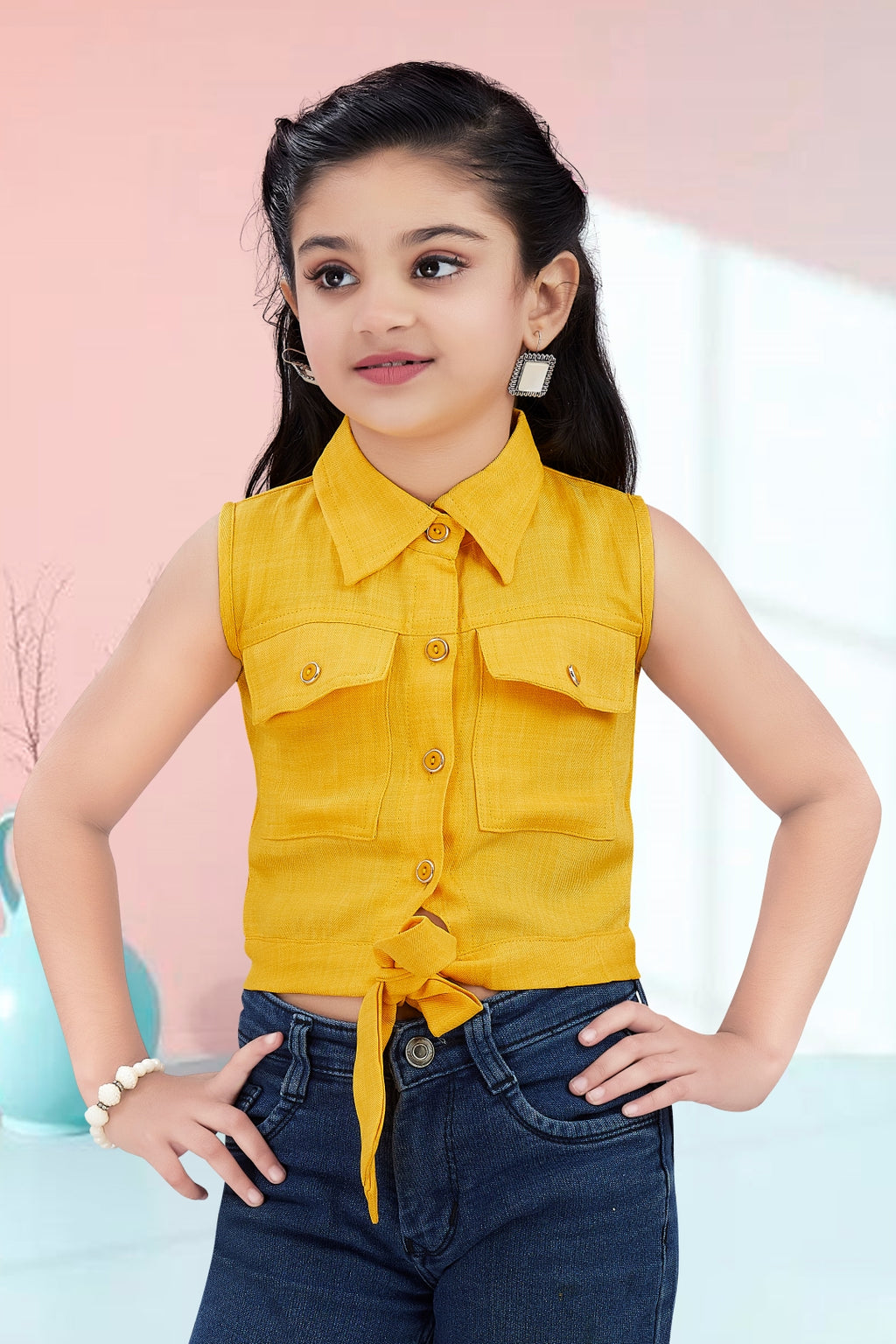 Girls Yellow Sleeveless Utility Top with Front Tie and Cargo Pockets