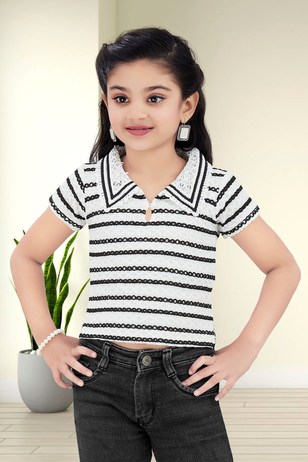 Girls White and Black Striped Lace Top
