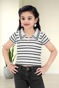 Girls White and Black Striped Lace Top