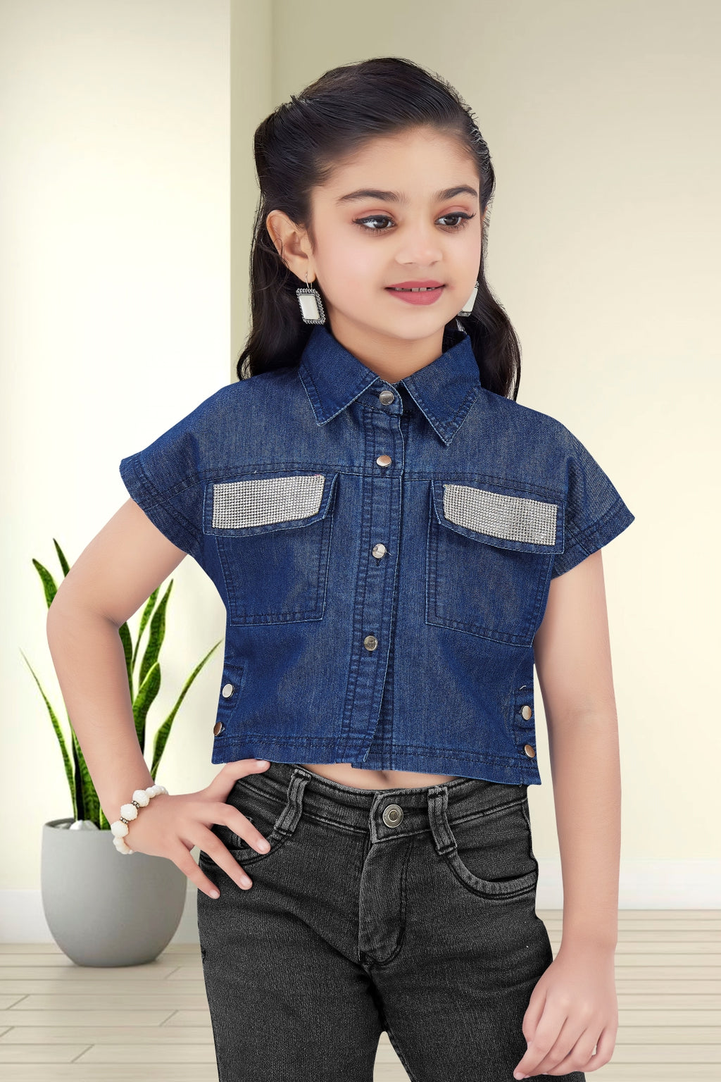Girls Embellished Denim Crop Top - Dark Blue