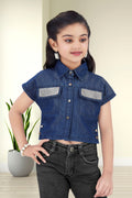 Girls Embellished Denim Crop Top - Dark Blue