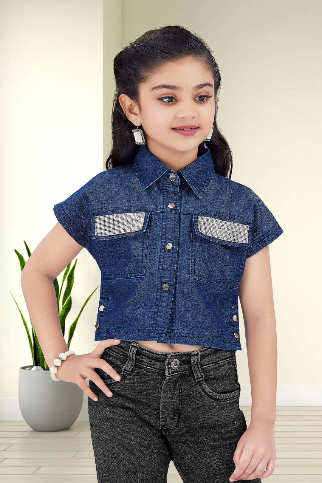 Girls Embellished Denim Crop Top - Dark Blue