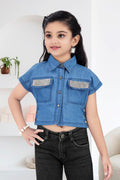 Girls Embellished Denim Crop Top - Light Blue