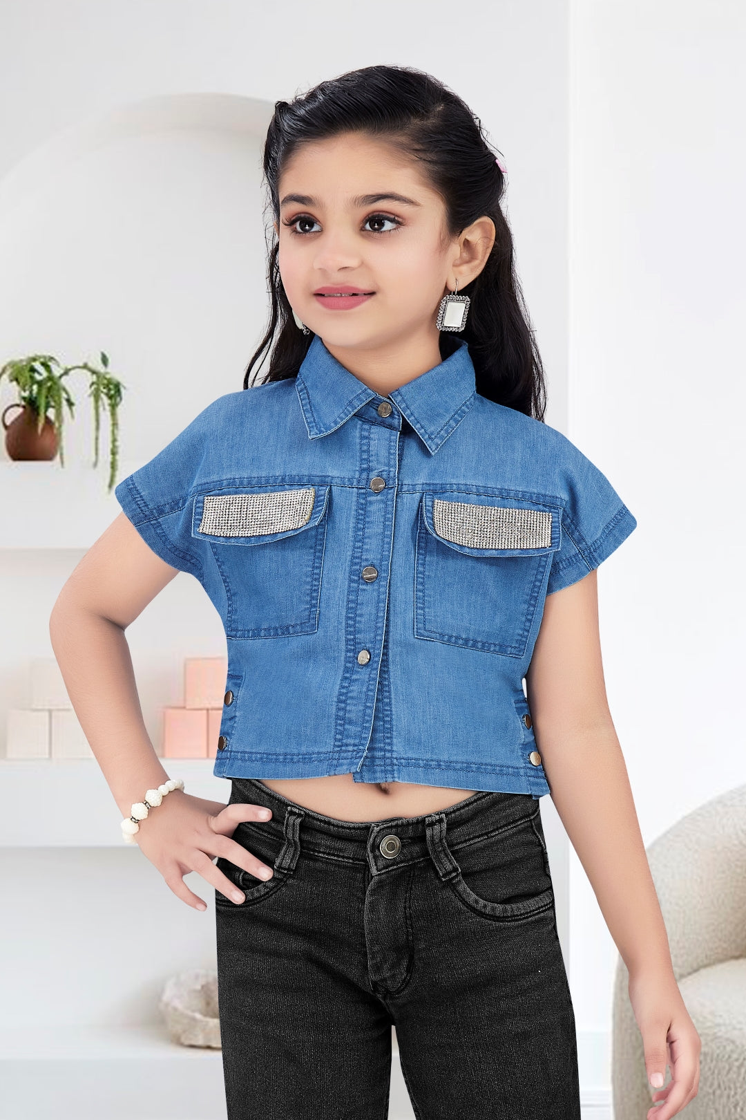 Girls Embellished Denim Crop Top - Light Blue