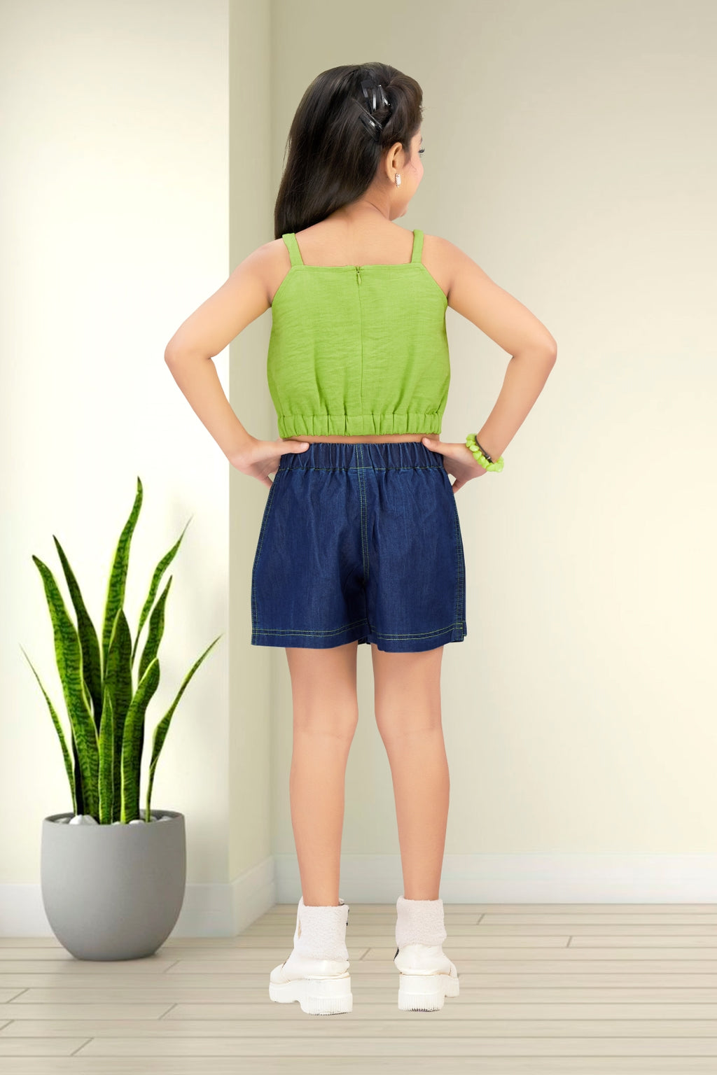 Girls Green Embroidered Crop Top & Denim Skort