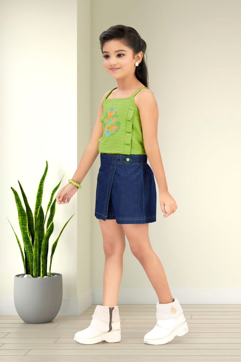 Girls Green Embroidered Crop Top & Denim Skort