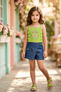 Girls Green Embroidered Crop Top & Denim Skort