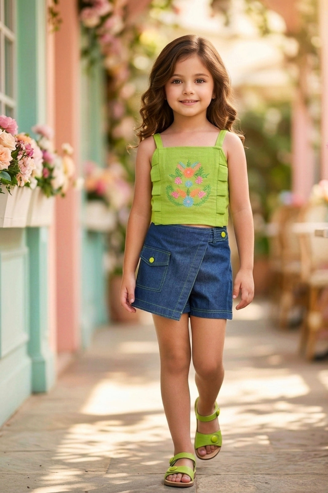 Girls Green Embroidered Crop Top & Denim Skort