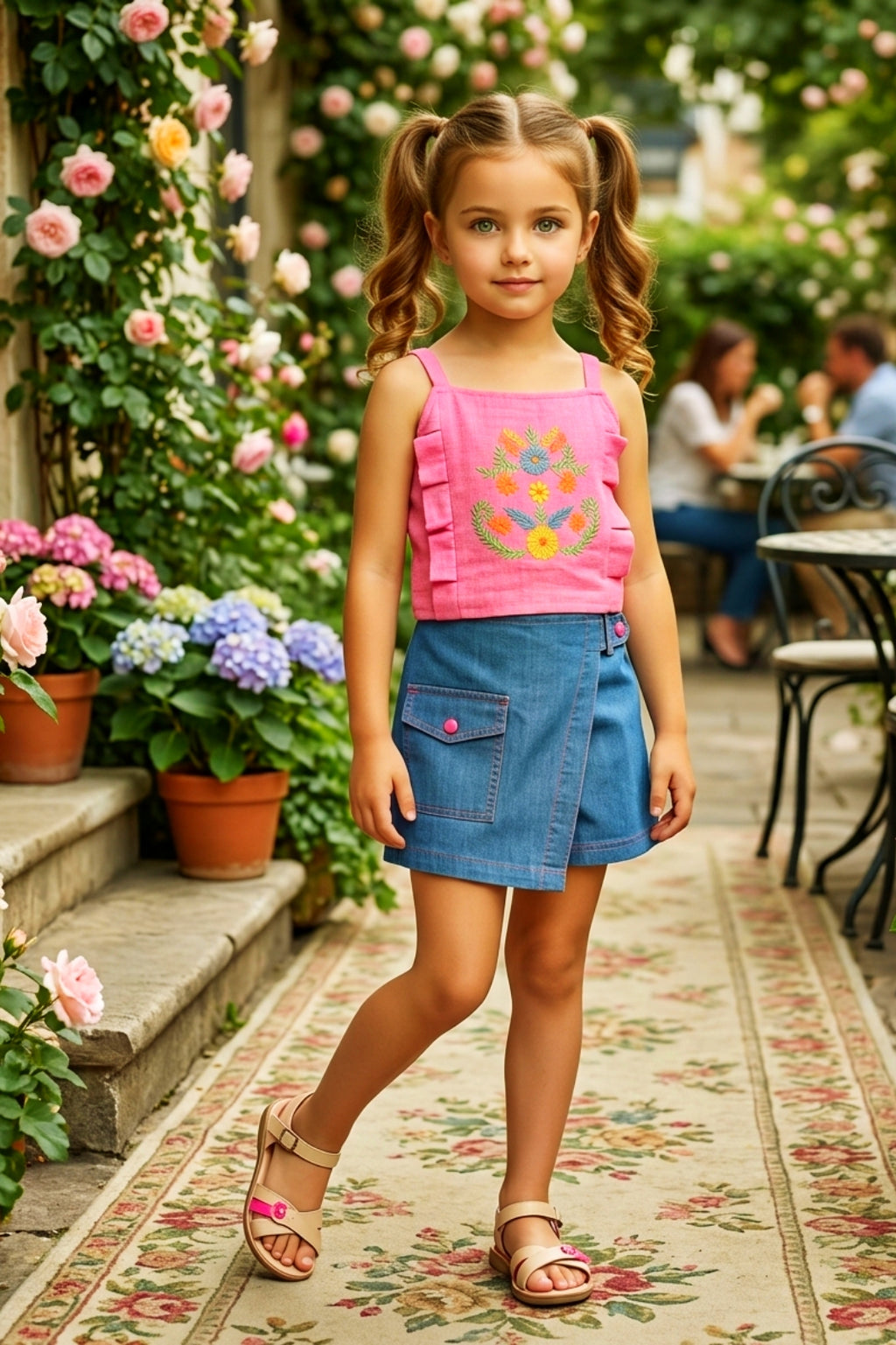 Girls Pink Embroidered Crop Top & Denim Skort
