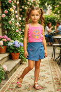 Girls Pink Embroidered Crop Top & Denim Skort