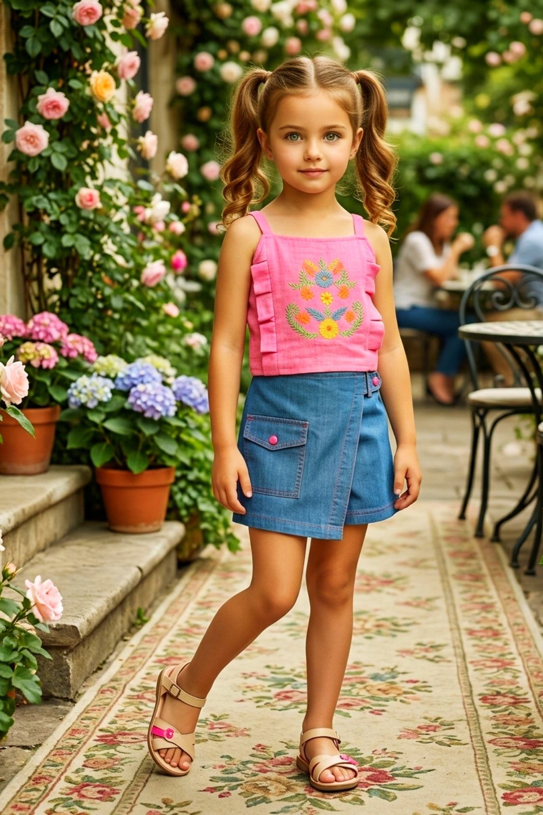 Girls Pink Embroidered Crop Top & Denim Skort