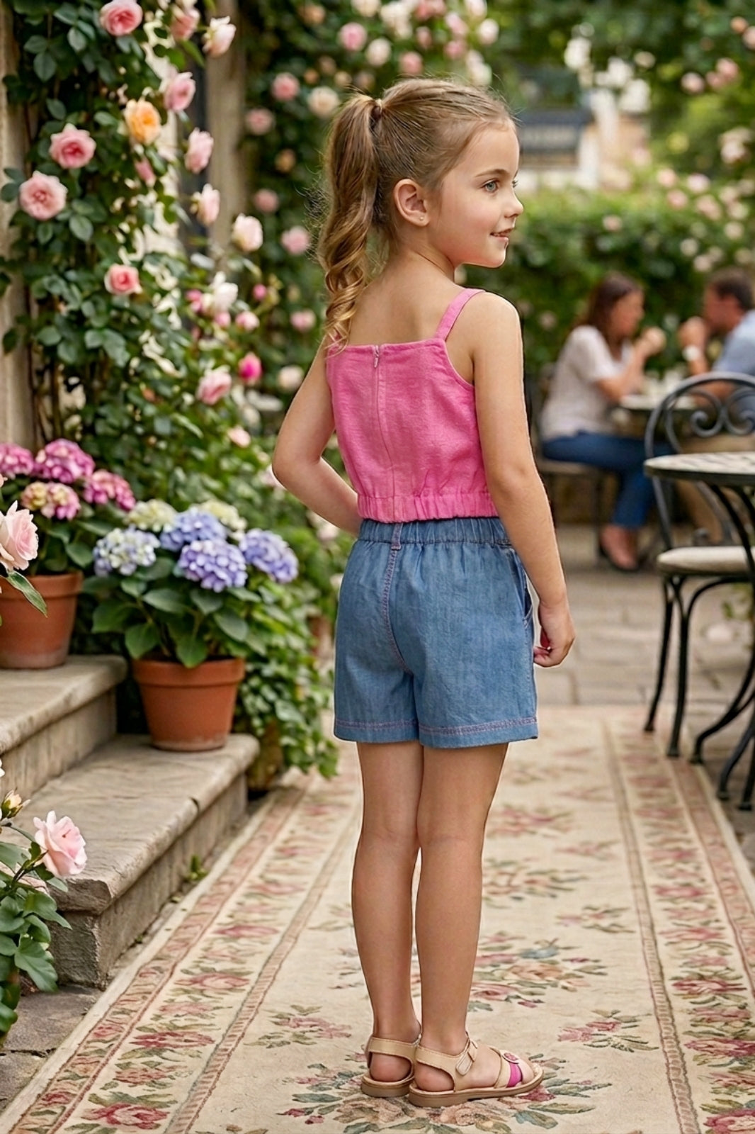 Girls Pink Embroidered Crop Top & Denim Skort