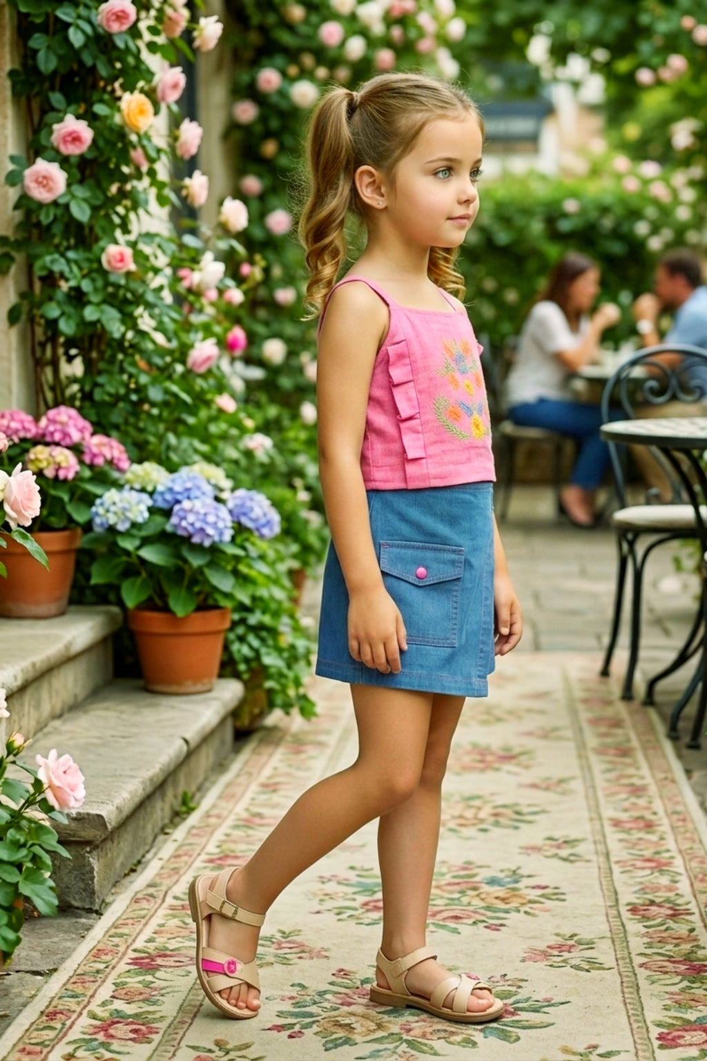 Girls Pink Embroidered Crop Top & Denim Skort