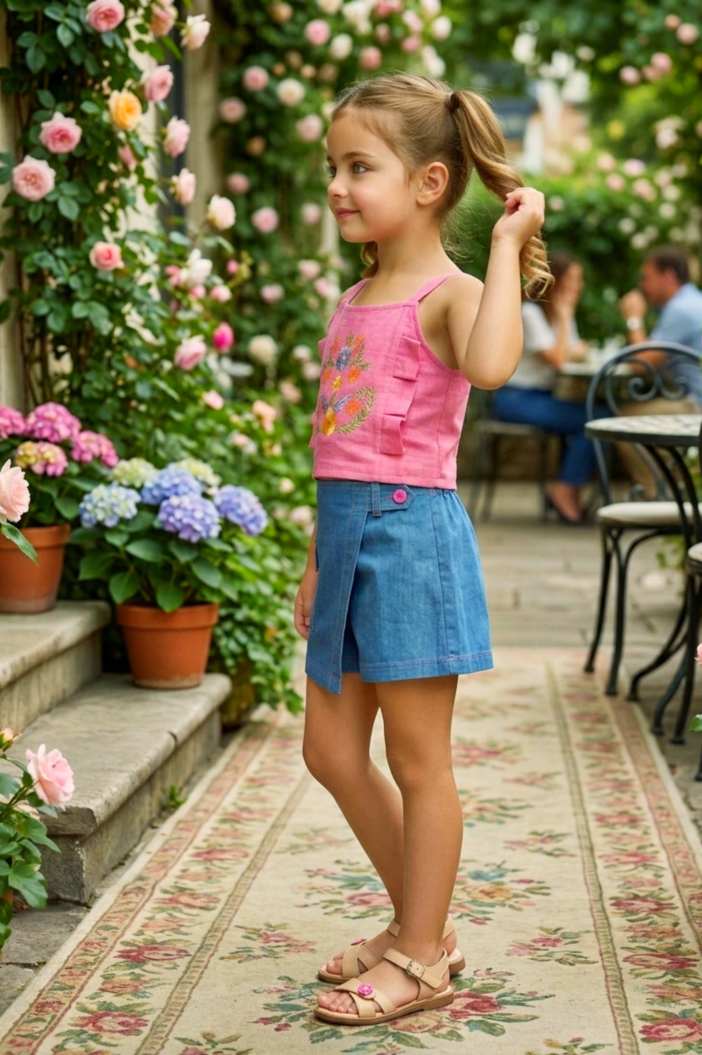 Girls Pink Embroidered Crop Top & Denim Skort