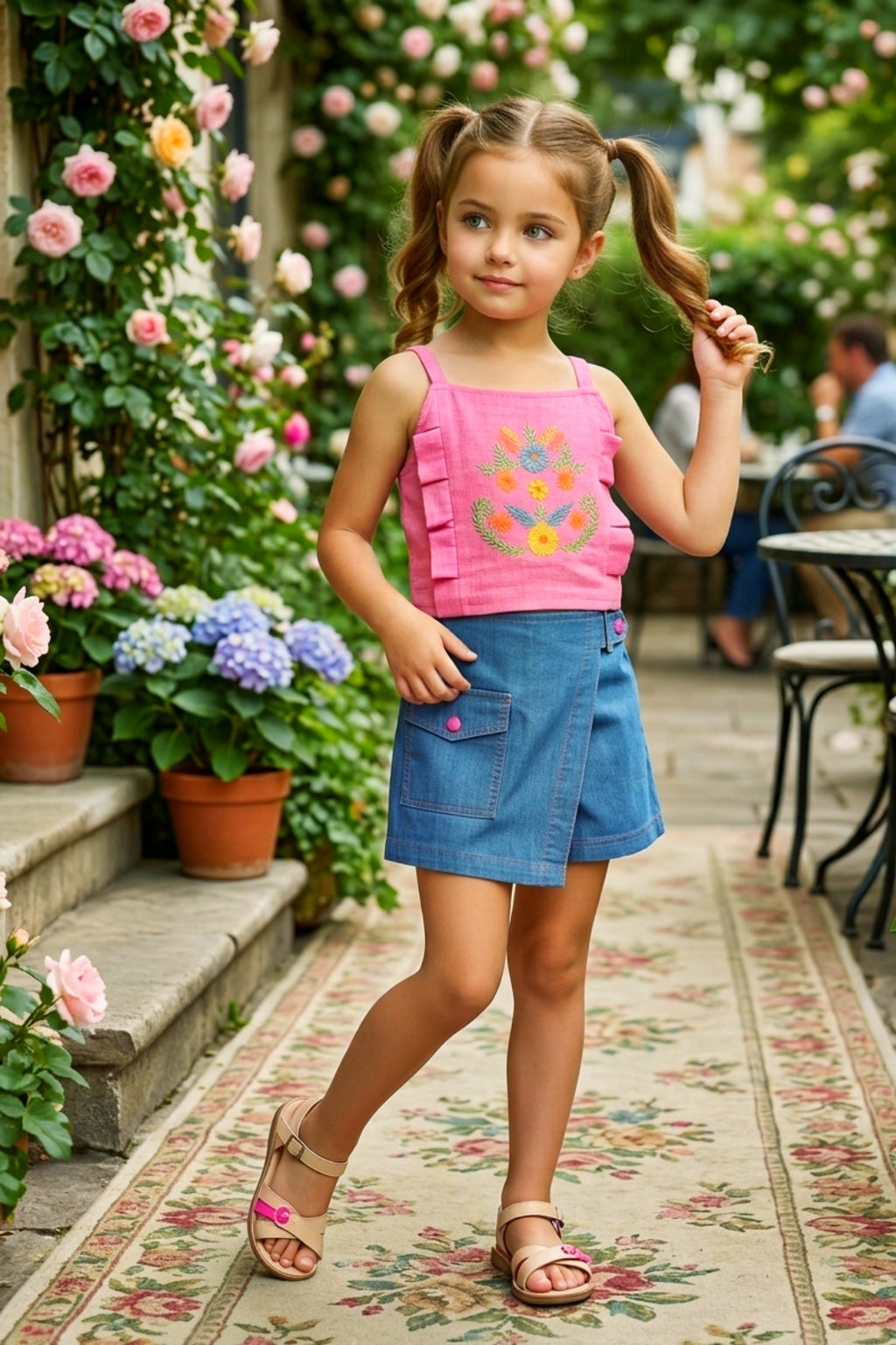 Girls Pink Embroidered Crop Top & Denim Skort