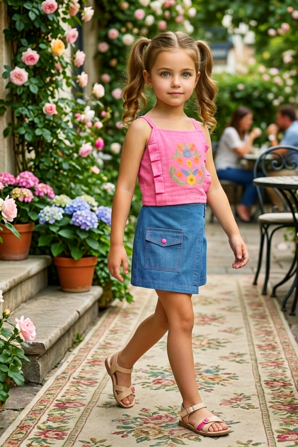 Girls Pink Embroidered Crop Top & Denim Skort