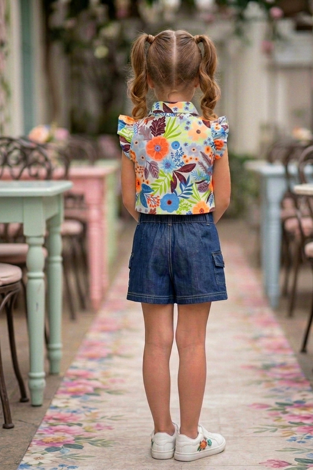 Girls Floral Orange Printed Top & Embroidered Denim Wrap Skort Set