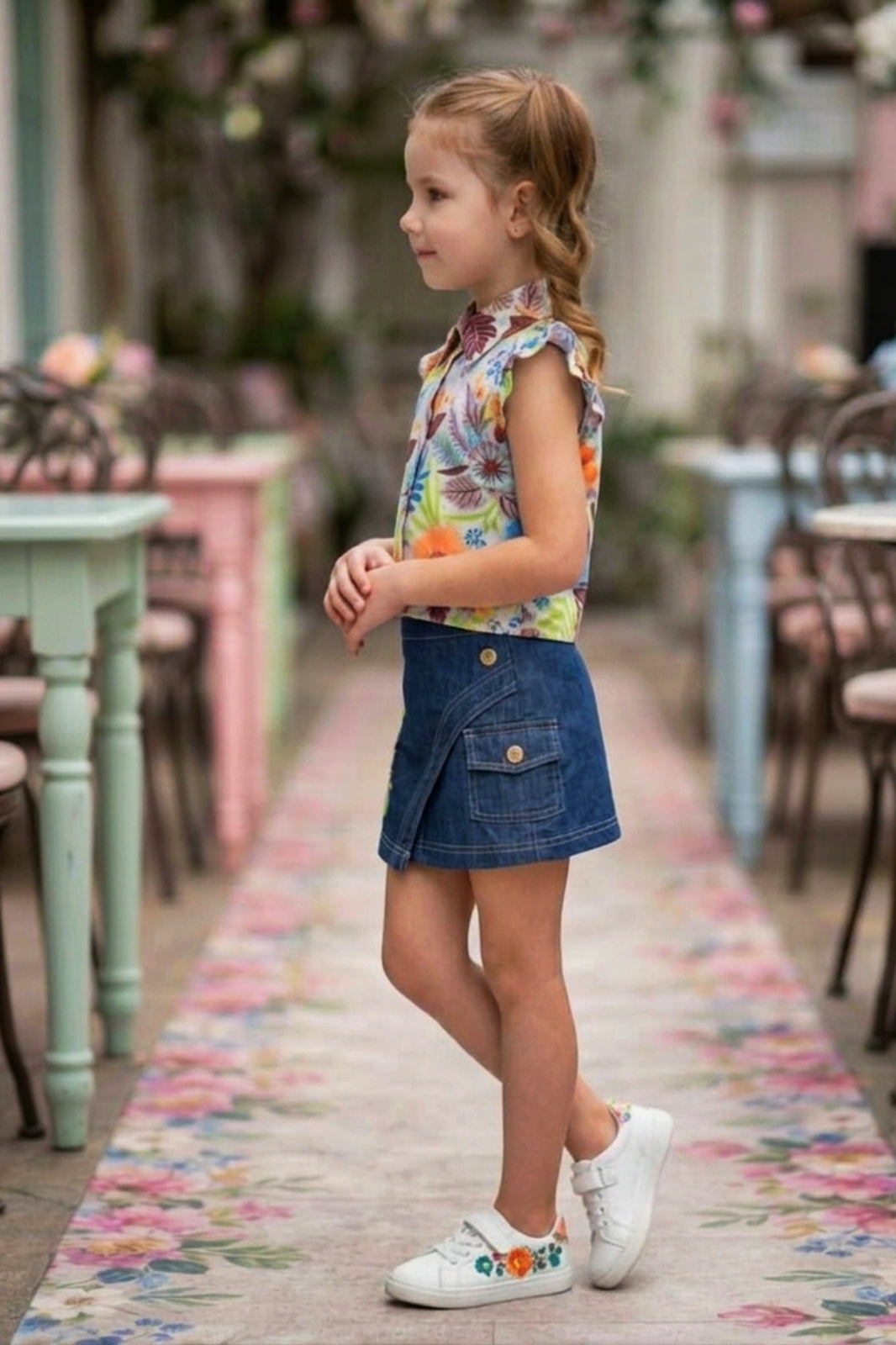 Girls Floral Orange Printed Top & Embroidered Denim Wrap Skort Set