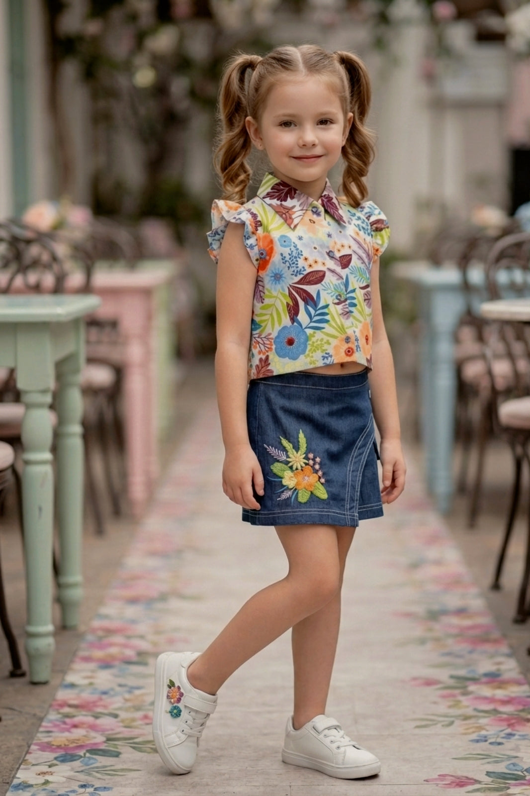 Girls Floral Orange Printed Top & Embroidered Denim Wrap Skort Set