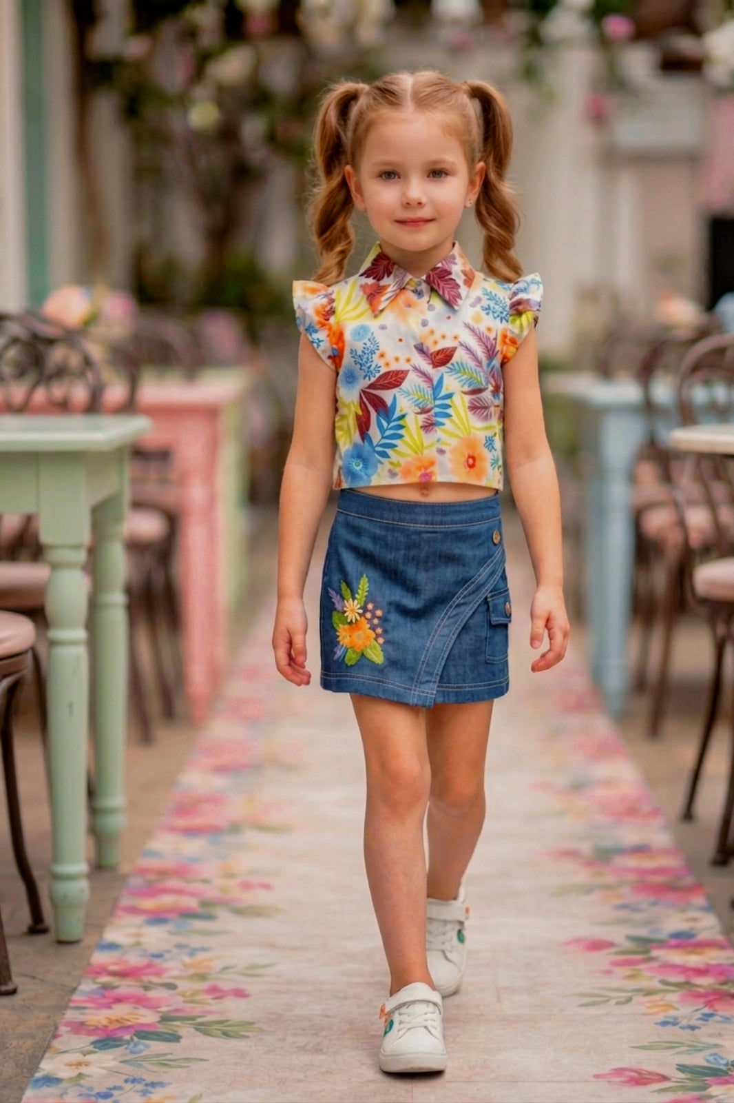 Girls Floral Orange Printed Top & Embroidered Denim Wrap Skort Set