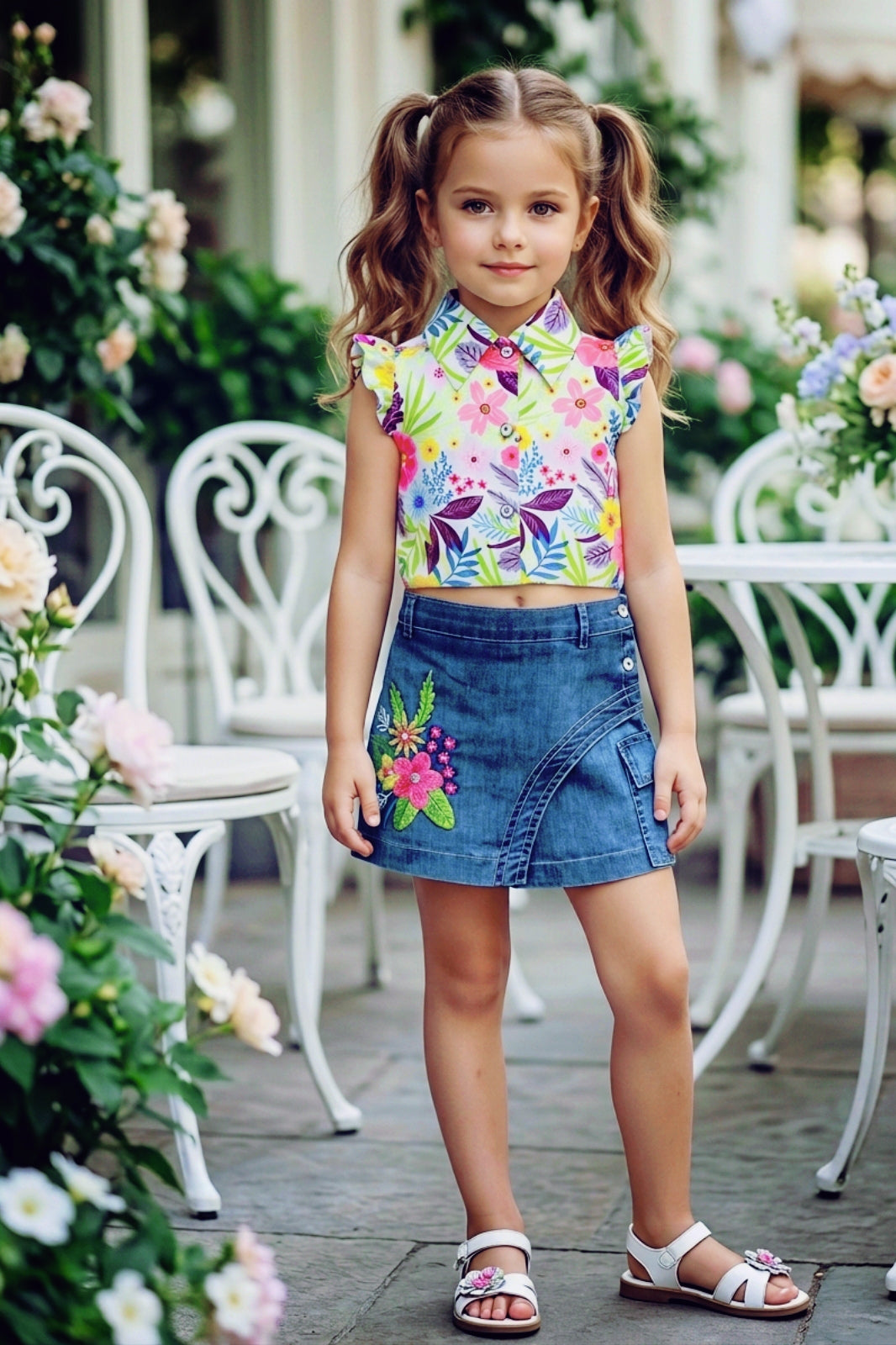 Girls Floral Pink Printed Top & Embroidered Denim Wrap Skort Set