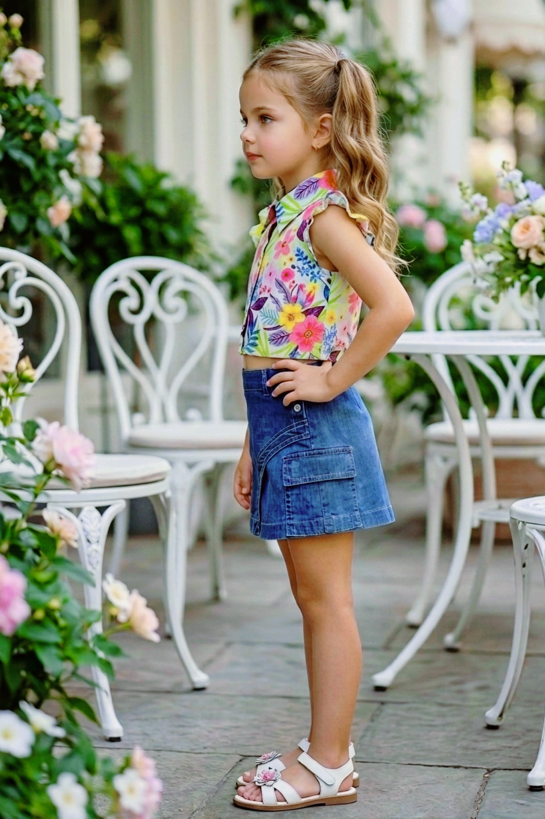 Girls Floral Pink Printed Top & Embroidered Denim Wrap Skort Set