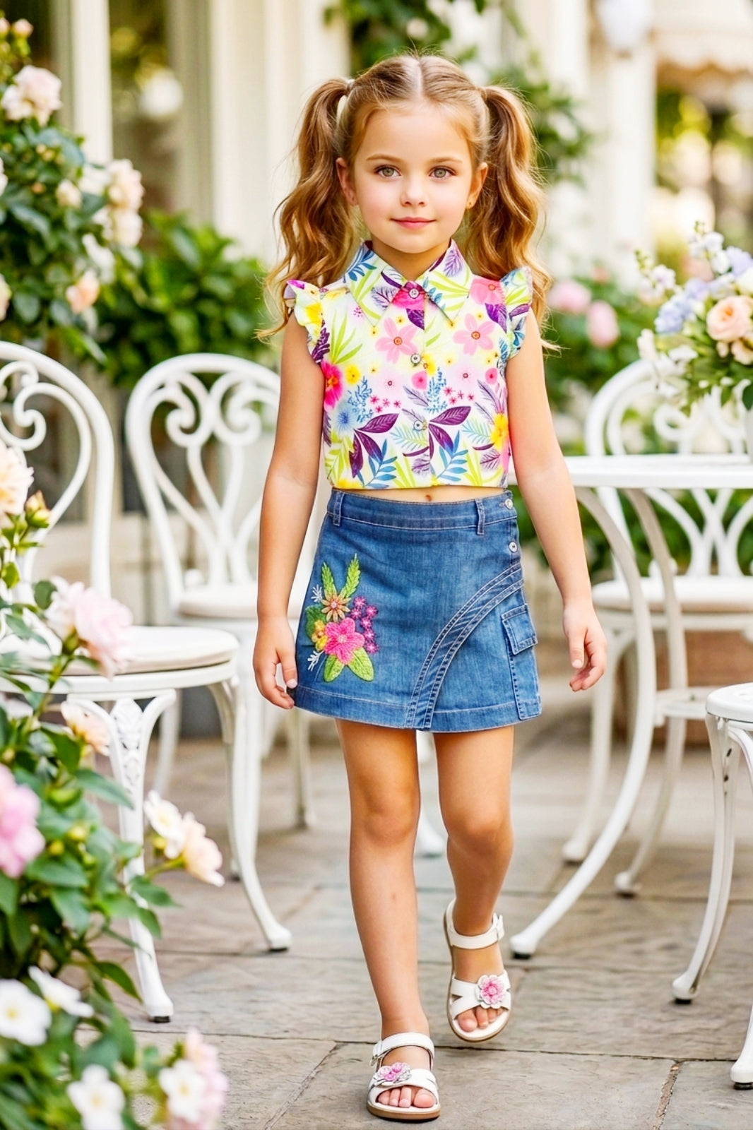 Girls Floral Pink Printed Top & Embroidered Denim Wrap Skort Set
