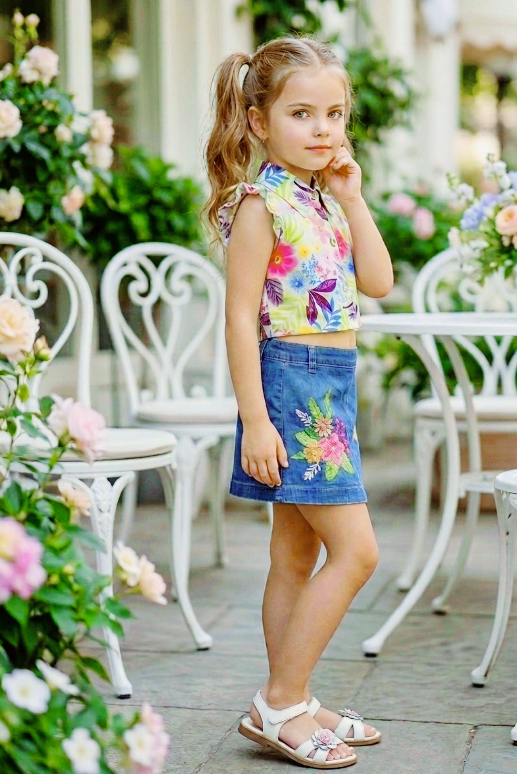 Girls Floral Pink Printed Top & Embroidered Denim Wrap Skort Set
