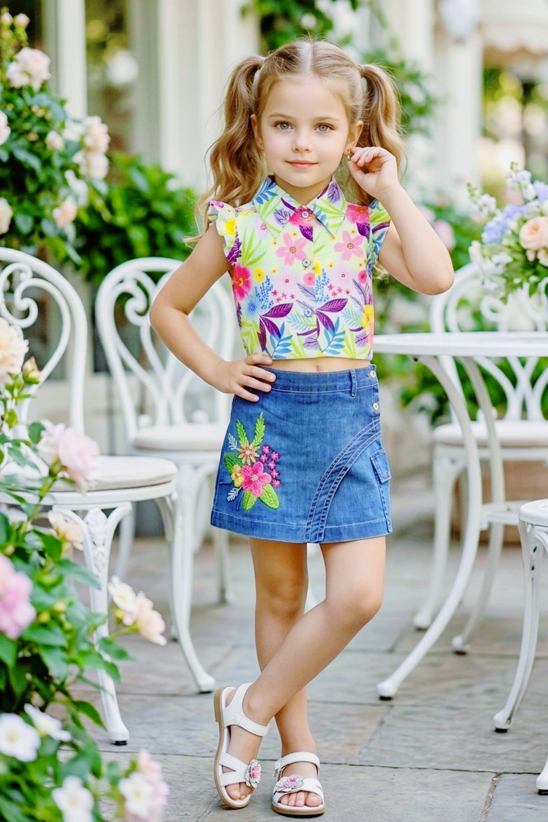 Girls Floral Pink Printed Top & Embroidered Denim Wrap Skort Set