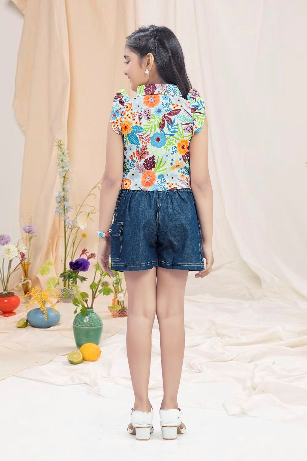 Girls Floral Orange Printed Top & Embroidered Denim Wrap Skort Set