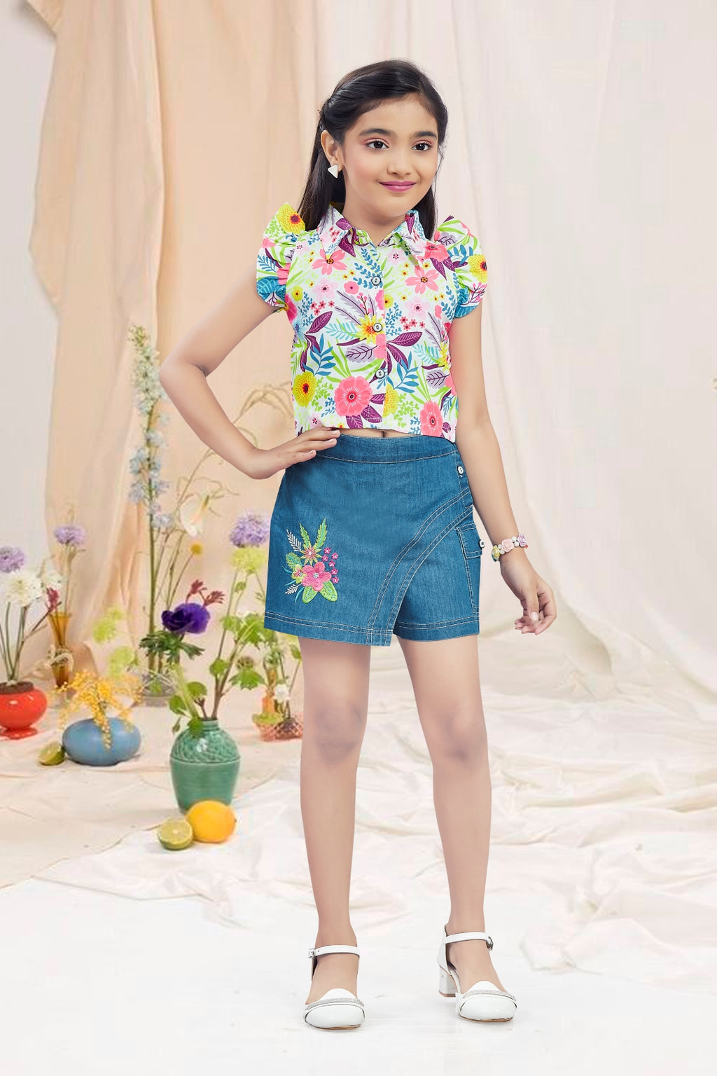 Girls Floral Pink Printed Top & Embroidered Denim Wrap Skort Set