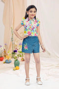 Girls Floral Pink Printed Top & Embroidered Denim Wrap Skort Set