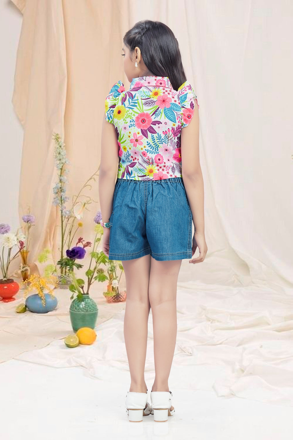 Girls Floral Pink Printed Top & Embroidered Denim Wrap Skort Set