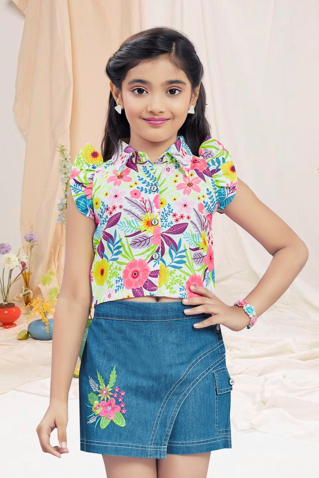 Girls Floral Pink Printed Top & Embroidered Denim Wrap Skort Set
