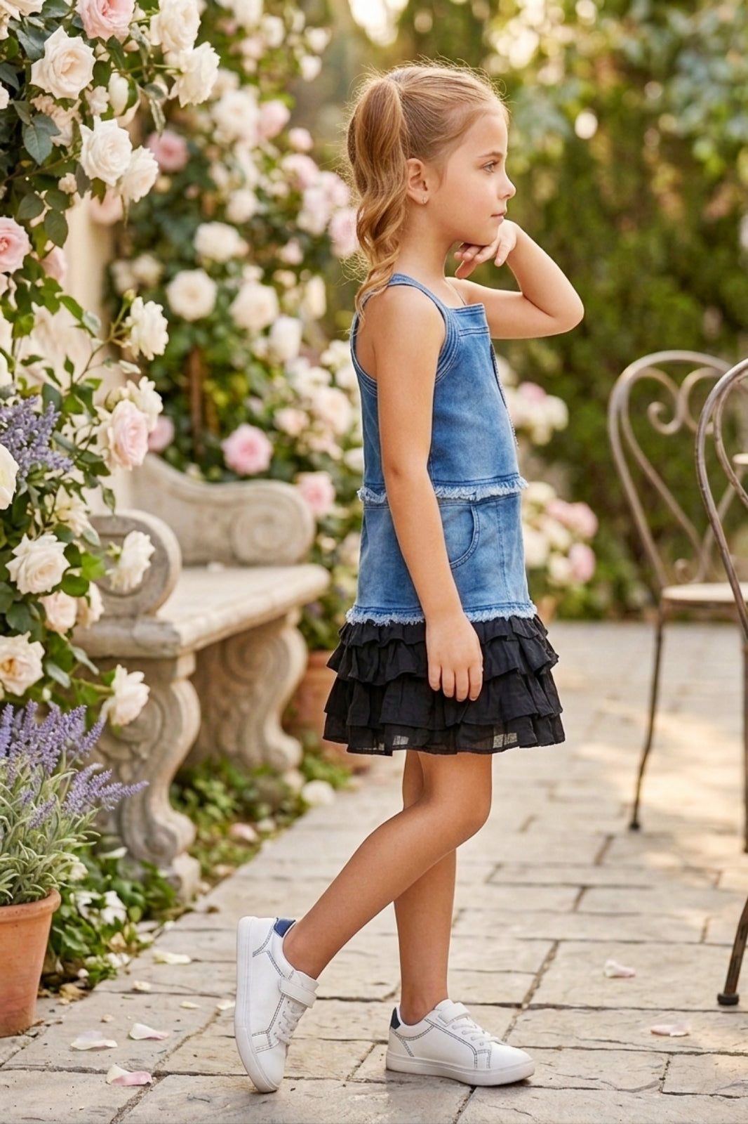 Girls Two-Piece Denim Top & Skirt Set - Black