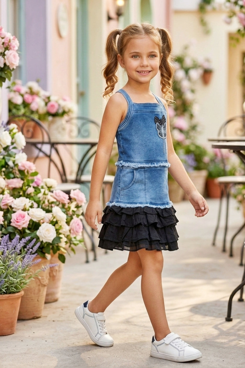 Girls Two-Piece Denim Top & Skirt Set - Black