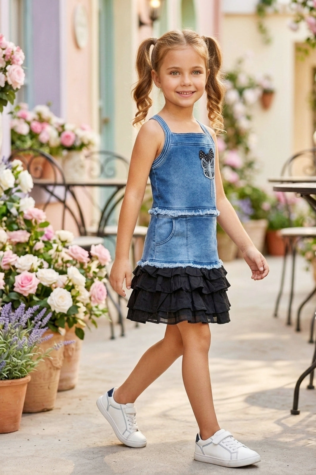 Girls Two-Piece Denim Top & Skirt Set - Black