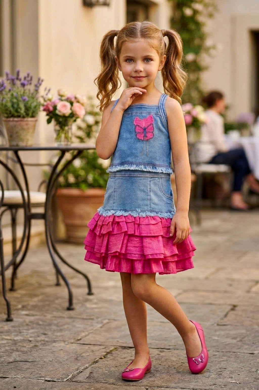 Girls Two-Piece Denim Top & Skirt Set - Red