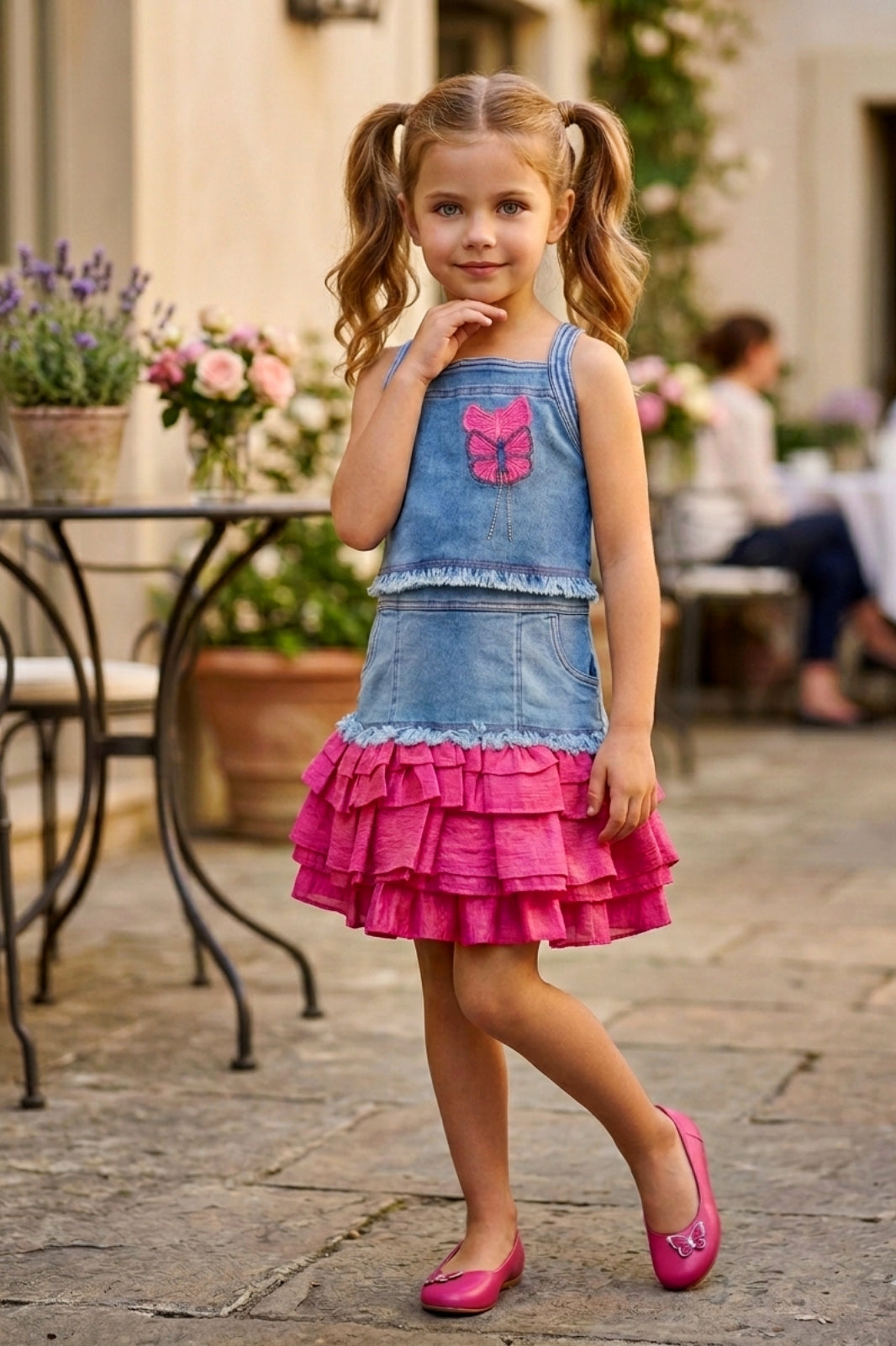 Girls Two-Piece Denim Top & Skirt Set - Red