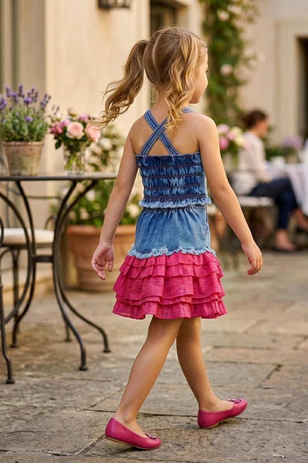 Girls Two-Piece Denim Top & Skirt Set - Red