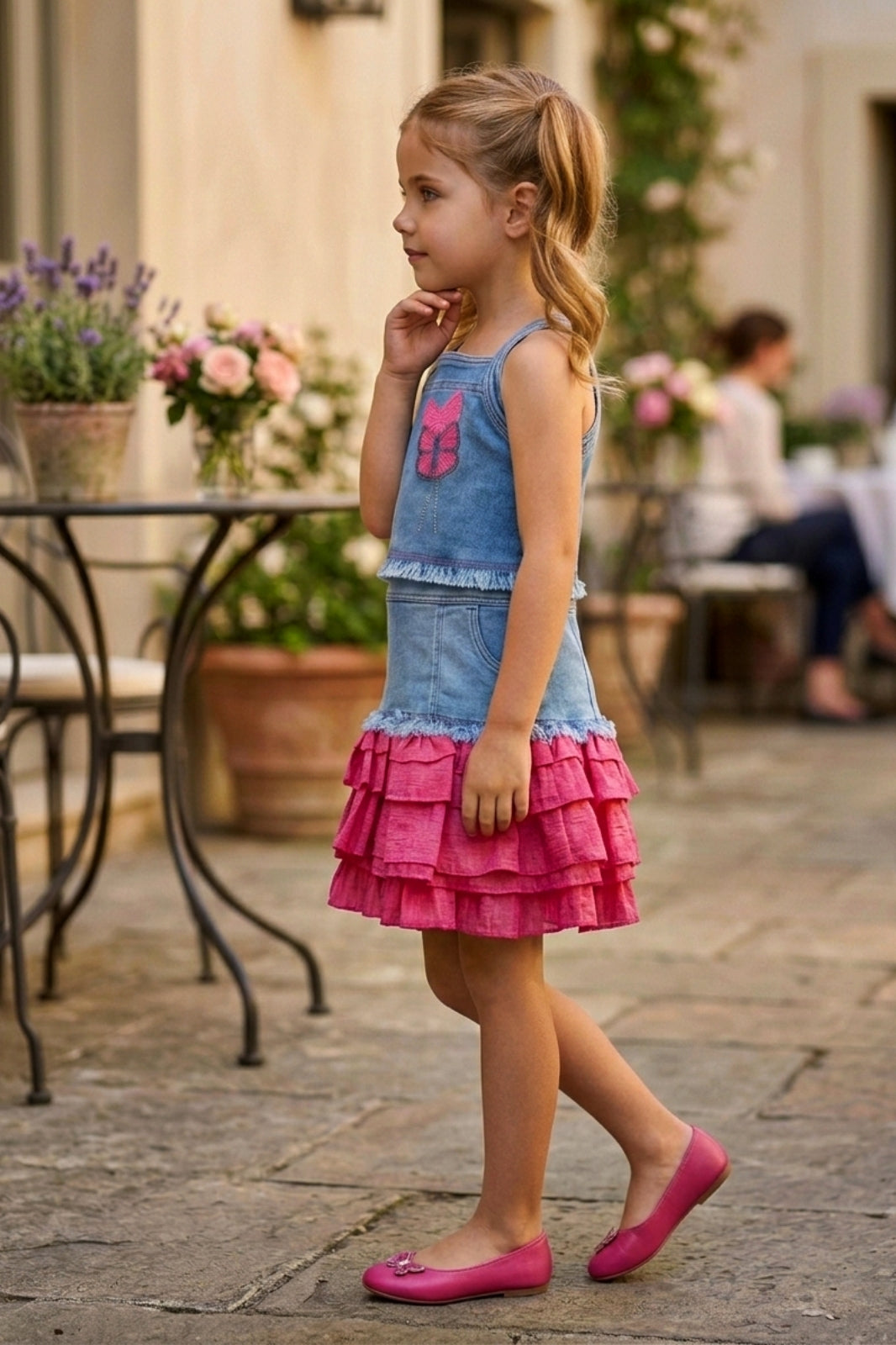 Girls Two-Piece Denim Top & Skirt Set - Red
