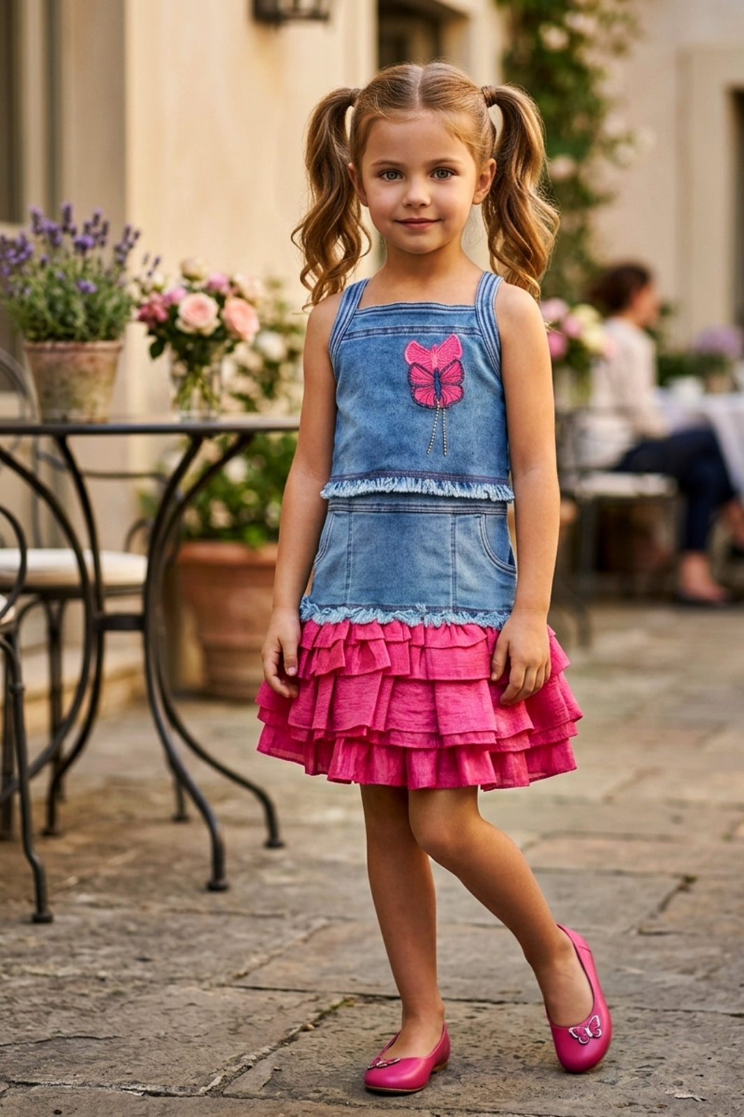 Girls Two-Piece Denim Top & Skirt Set - Red