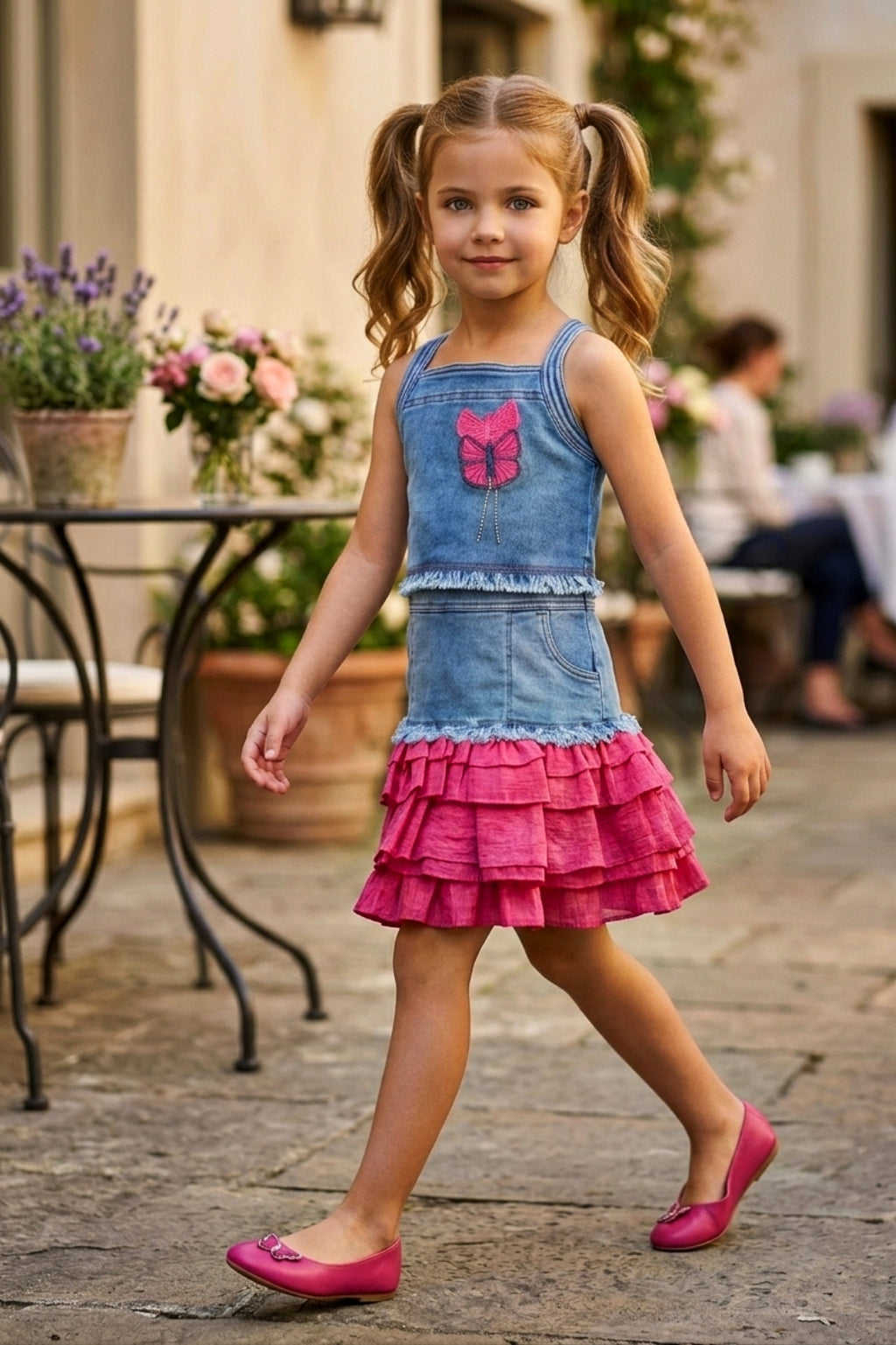 Girls Two-Piece Denim Top & Skirt Set - Red
