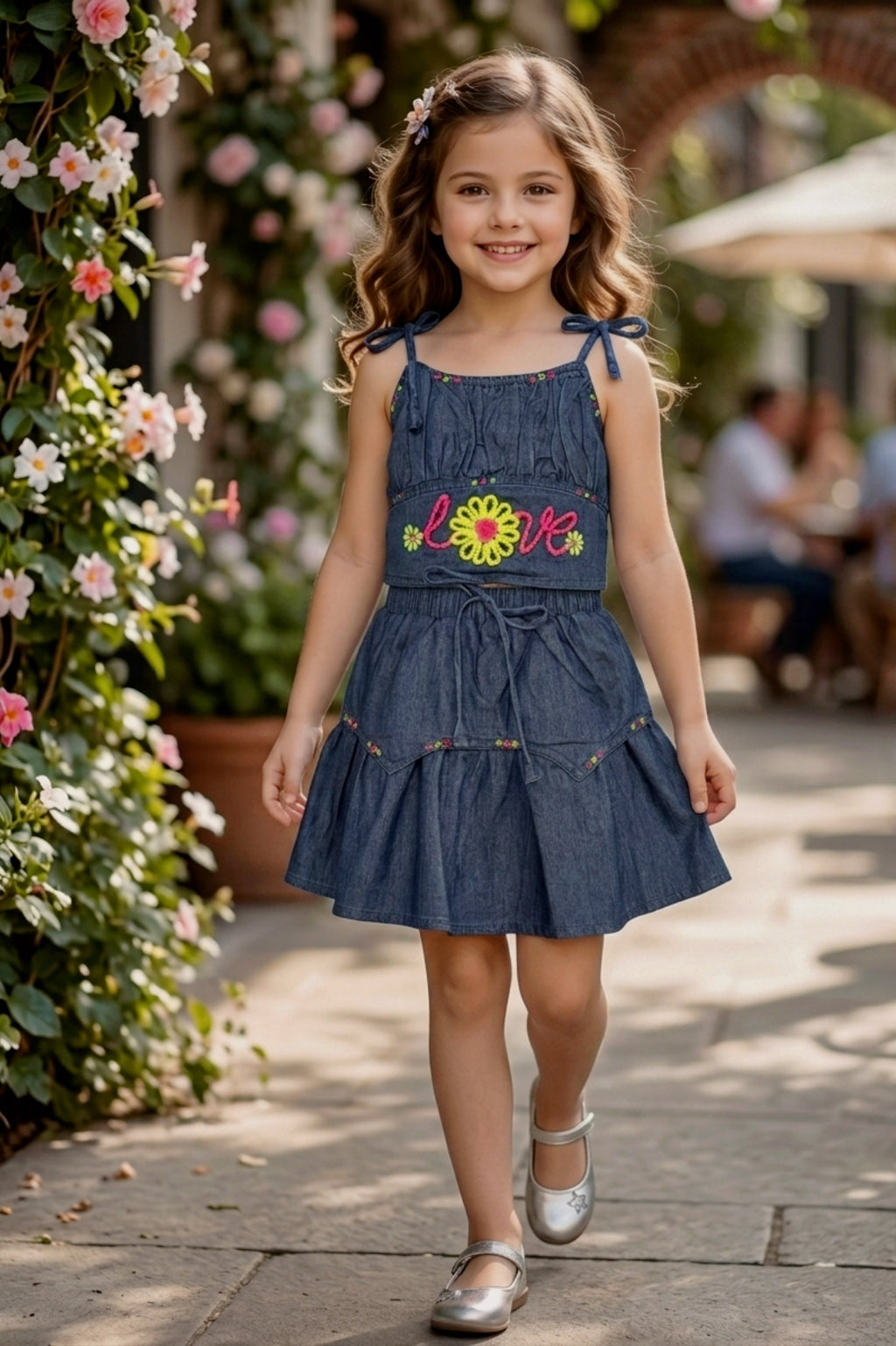 Embroidered Denim Co-ord Set for Girls - D.Blue