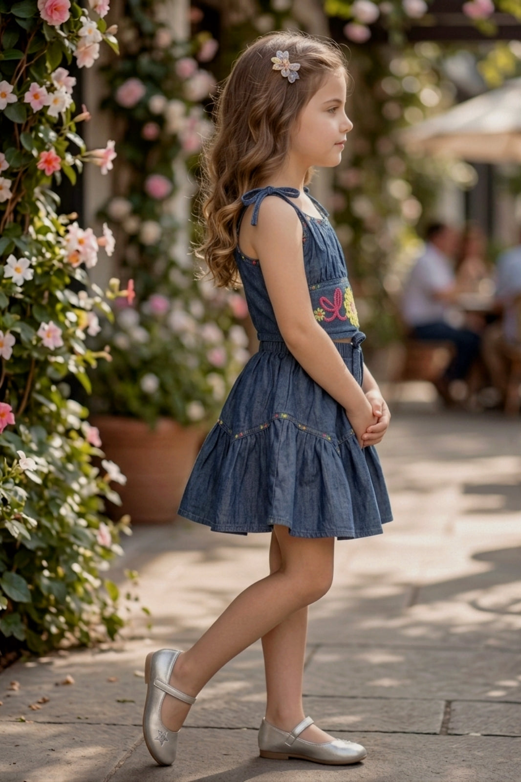 Embroidered Denim Co-ord Set for Girls - D.Blue
