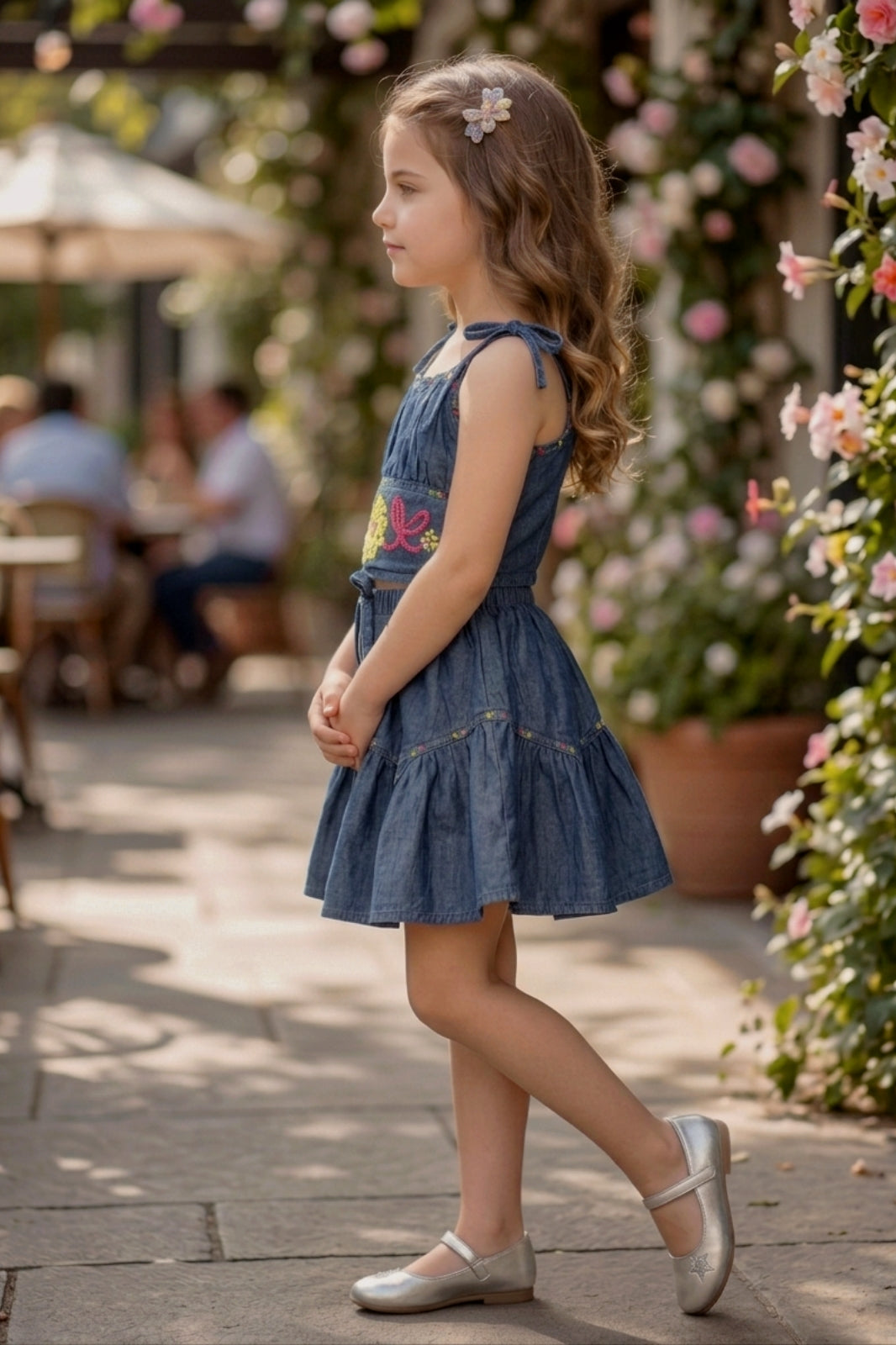 Embroidered Denim Co-ord Set for Girls - D.Blue