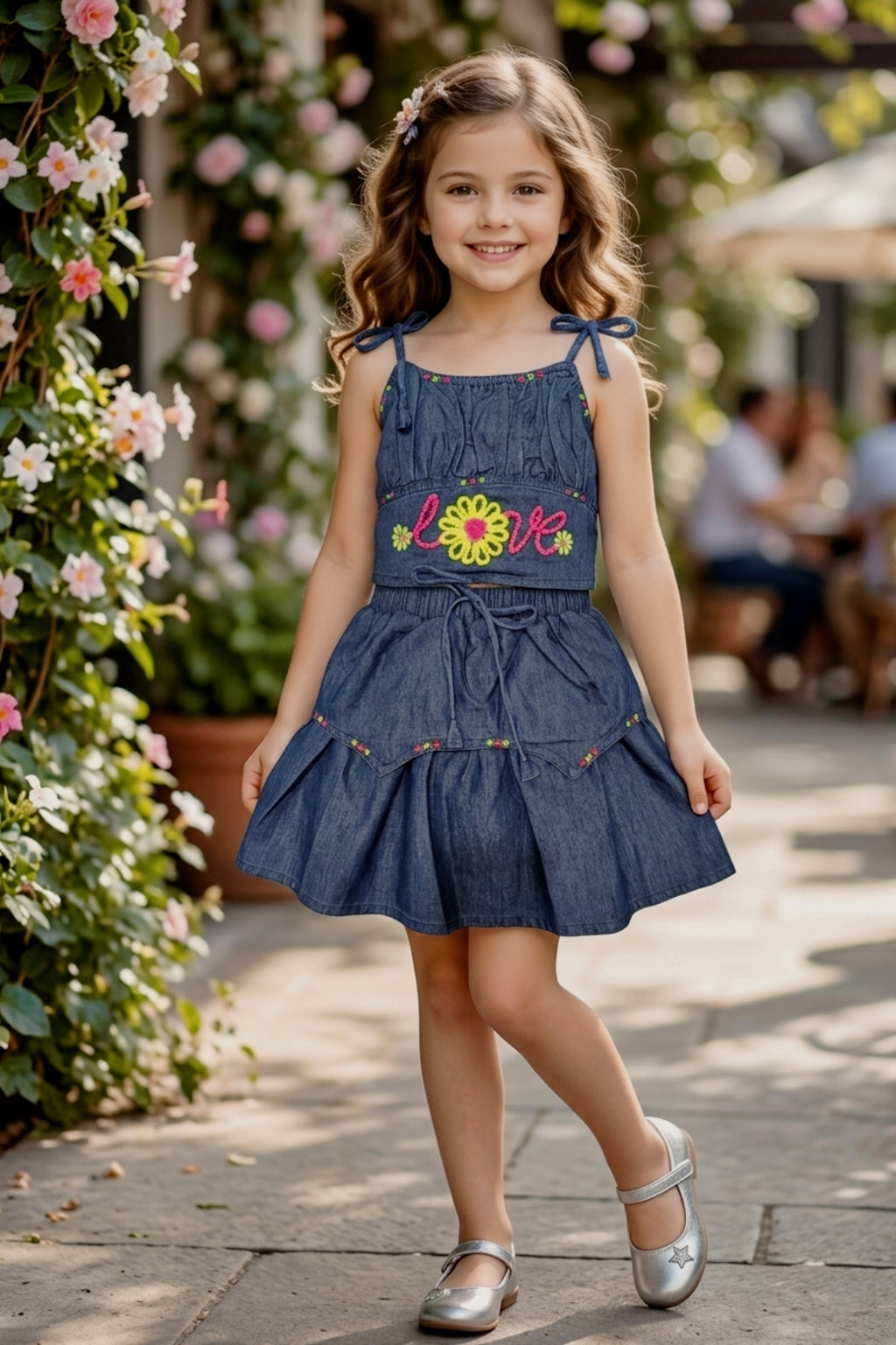 Embroidered Denim Co-ord Set for Girls - D.Blue