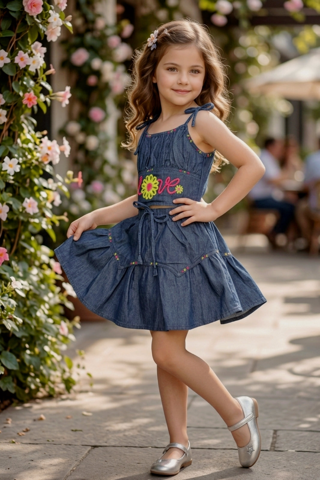 Embroidered Denim Co-ord Set for Girls - D.Blue